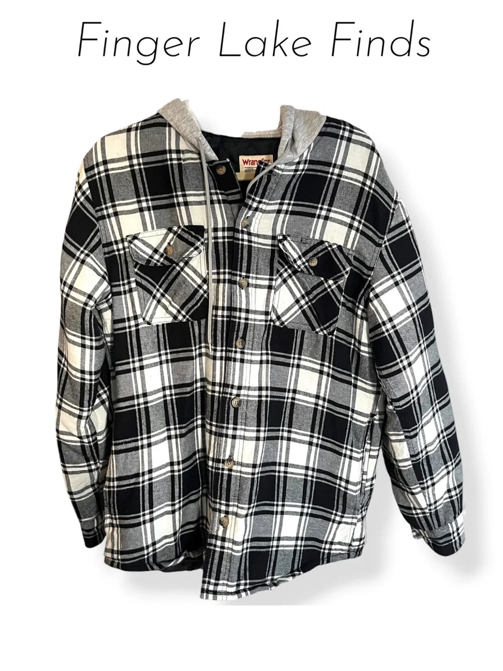 Wrangler Men's Black & White Plaid Hooded Flannel Shacket, M